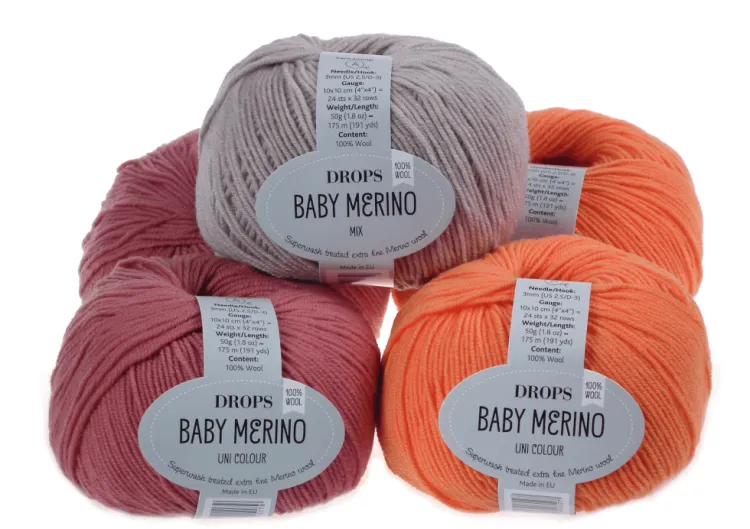 Wełna Merino, DROPS Baby Merino, 36 pomarańczowy, 46 herbaciany róż i jasny beżowy