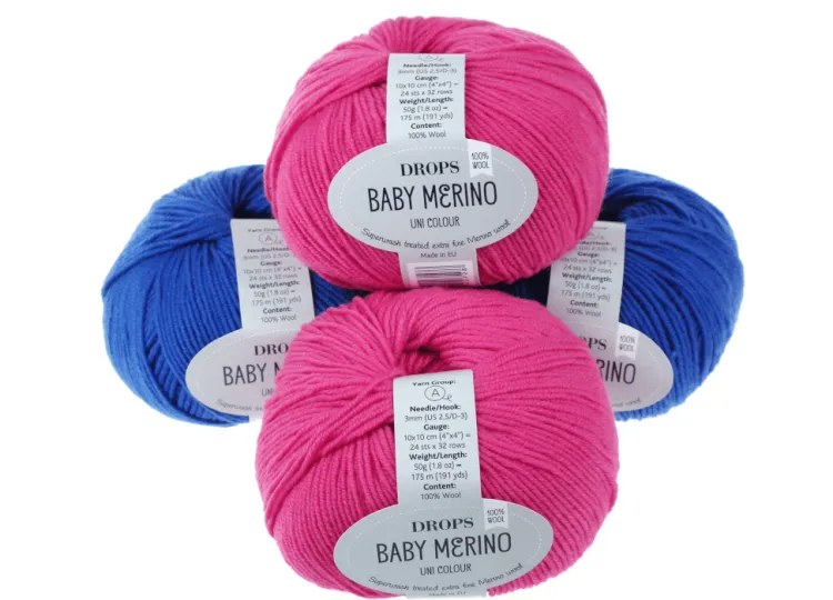 Włóczka, DROPS Baby Merino, kolor 08 fuksja i jaskrawoniebieski