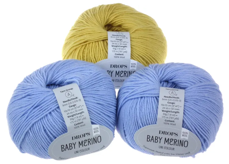 Włóczka, DROPS Baby Merino, kolor 45 cytrynowy i błekitny stalowy