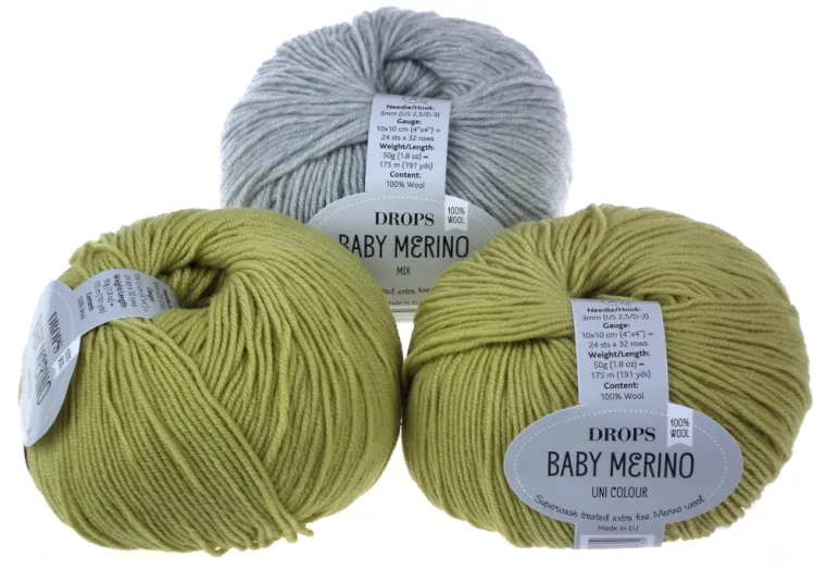 welna merino - DROPS Baby Merino - kolor 22 jasny szary i limonkowy
